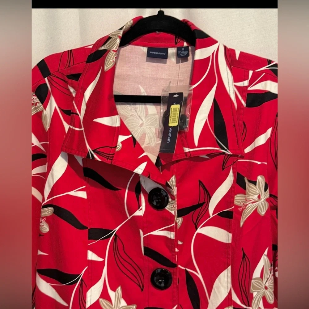 NWT Westbound Womens Jacket Red Stretch Floral Jumbo Black Buttons Plus Size 1X - Picture 3 of 10